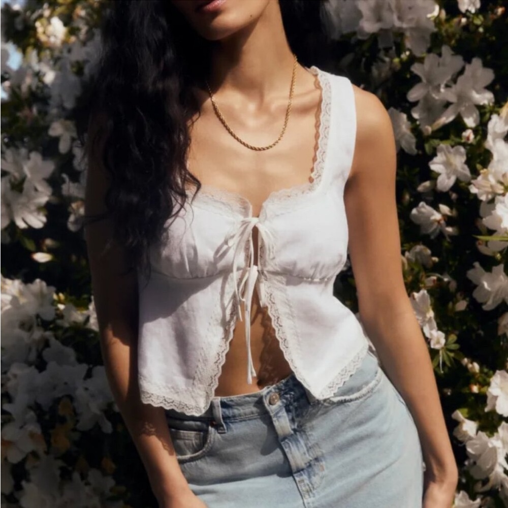 Reformation White Lace-Trim Tie Front Crop Top